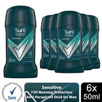 Sure Men AntiPerspirant Deodorant Stick Sensitive 72H Nonstop Protection, 6x50ml