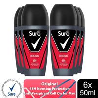 Sure Men Original Antiperspirant Roll On 48H Sweat & Odour Protection, 6x50ml