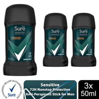 Sure Men AntiPerspirant Deodorant Stick Sensitive 72H Nonstop Protection, 3x50ml