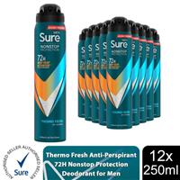 Sure Men Anti-perspirant 72H Nonstop Protection Thermo Fresh Deodorant, 12x250ml