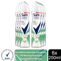 Sure Women Anti-perspirant 72H Nonstop Protection Pure Melon Aloe Deo, 6x250ml
