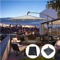 3M Grey Banana Cantilever LED Parasol Sun Shade Patio Umbrella w/ Base Cover