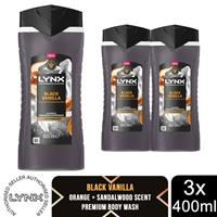 Lynx Black Vanilla Body Wash 400ml 3 Pack Fine Fragrance Mens Shower Gel