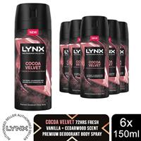 Lynx Body Spray Fine Fragrance Collection Cocoa Velvet for Men 150ml, 6 Pack