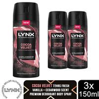 Lynx Body Spray Fine Fragrance Collection Cocoa Velvet for Men 150ml, 3 Pack