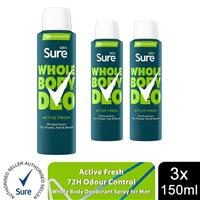 Sure Men Whole Body Deodorant Spray Active Fresh w/ 72H Odour Control 150ml, 3pk