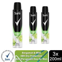 Sure Men Deodorant Spray Bergamot & Mint with 48Hrs Protection 200ml, 3 Pack