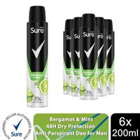 Sure Men Deodorant Spray Bergamot & Mint with 48Hrs Protection 200ml, 6 Pack