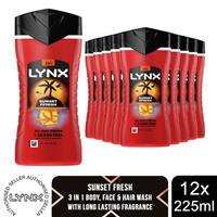 Lynx Sunset Fresh Shower Gel 225ml 12 Pack 3in1 Body Hair Face Wash Mens - Regular Regular