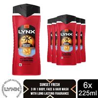 Lynx Sunset Fresh Shower Gel 225ml 6 Pack 3in1 Body Hair Face Wash Mens - Regular Regular