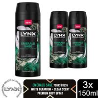 Lynx Fine Fragrance Collection Emerald Sage Deodorant Body Spray 150ml, 3 Pack