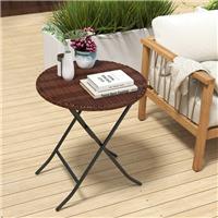 Foldable Outdoor Coffee Table, Metal Frame PE Rattan Side Table, Mixed Brown