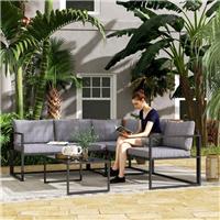 3 Piece Garden Furniture Set with Cushions and Tempered Glass Top Table, Grey
