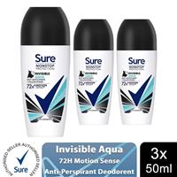 3x Sure Women Motion Sense AP Deodorant Rollon 72H Nonstop, Invisible Aqua 50ml