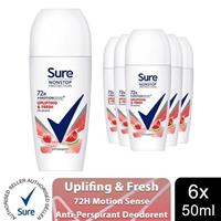 6xSure Women Motion Sense AP Deodorant Rollon 72H Nonstop, Uplifting&Fresh 50ml