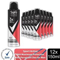 Sure Men Maximum Protection 96H Antiperspirant Deodorant Sport Active 150ml,12pk