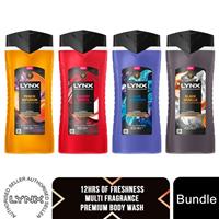 Lynx Shower Gel 4pk Bundle of 400ml Black Vanilla, Blue Lavender, Cherry & Peach