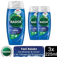 3x Radox Body Wash & Shampoo 2in1 Feel Awake with Fennel & Sea Minerals, 225ml