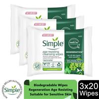 3x of Simple Regeneration Age-Resisting Cleansing Wipes with Green Tea Goodness