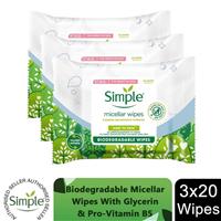 Simple Biodegradable Micellar Wipes with Glycerin & Pro-Vitamin B5, 3 Pack