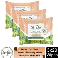 3x of Simple Protect 'N' Glow Instant Cleansing Wipes for Dull & Tired Skin