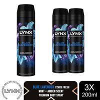 Lynx Fine Fragrance Blue Lavender Body Spray 200ml 3 Pk Mens Deodorant 72H Fresh