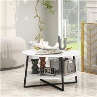 2-Tier Round Coffee Table, Living Room Table with Marble Effect Top, Refurbished
