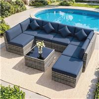 Rattan Outdoor Garden Furniture Patio Corner Sofa Set with Cushions Dark Blue
