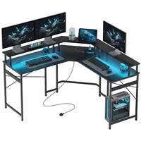 L Shaped Desk with Power Outlet LED Lights for Home Office, Black, Refurbished