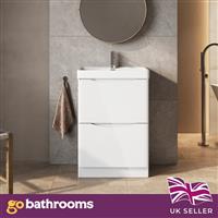 White Floor Standing Vanity Unit With Resin Basin Bathroom Storage Cabinet 600mm