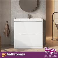 White Floor Standing Vanity Unit With Resin Basin Bathroom Storage Cabinet 900mm