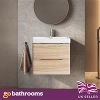 Light Wood Wall Hung Two Drawer Eaton 600mm Bathroom Vanity Unit & White Sink
