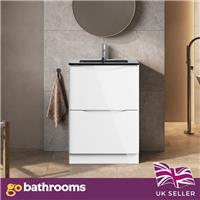 White Floor Standing Vanity Unit With Grey Glass Basin Bathroom Cabinet 600mm