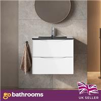 White Wall Hung Vanity Unit With Grey Glass Basin Bathroom Storage Cabinet 600mm