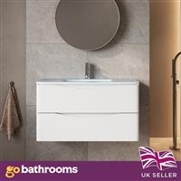 White Wall Hung Vanity Unit With White Glass Basin Bathroom Cabinet 900mm