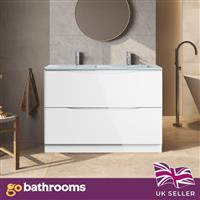 White Floor Standing Vanity Unit With White Glass Basin Bathroom Cabinet 1200mm