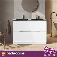 White Floor Standing Vanity Unit With Grey Glass Basin Bathroom Cabinet 1200mm