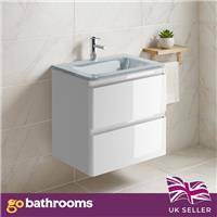 600mm Gloss White Bathroom Wall Hung Unit White Glass Basin Sink 2 Drawer