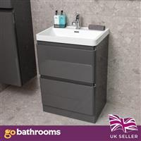 600mm Dark Grey Gloss Bathroom Floor Vanity Unit White Polymarble Basin