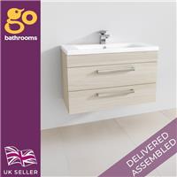 800mm Vanity Unit Wall Hung 2 Drawer Sink Unit Ceramic Basin & Chrome Handle