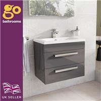 Small Grey Gloss Bathroom Sink Unit Vanity Unit Wall Hung Sink 2 Drawers 60cm