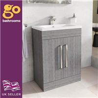 Bathroom Sink Cabinet 60cm Grey Wood Storage Cupboard & Ceramic Basin | Newton