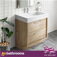 Bare Oak Effect Vanity Unit Resin Basin 75cm Standing Bathroom Sink & Storage