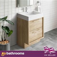 Bare Oak Vanity Unit 600 Bathroom Sink Unit Standing 2 Drawer & Resin Basin