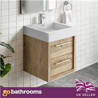 Bare Oak 500 Vanity Unit Bathroom Sink Unit Wall Hung 2 Drawer & Resin Basin