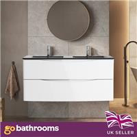 White Wall Hung Vanity Unit With Grey Glass Basin Bathroom Cabinet 1200mm