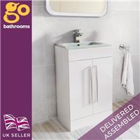 Small White Bathroom Vanity Unit 600mm White Glass Sink Free Standing Cabinet