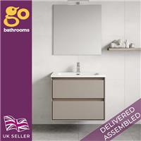 600 Warm Grey & Oak Vanity Unit Wall Hung Bathroom Cabinet & Ceramic Sink Unit