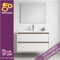 800 White & Oak Vanity Unit Wall Hung Bathroom Cabinet & Ceramic Sink Unit