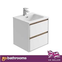 Matt White & Oak Effect Bathroom Wall Hung Vanity Sink Unit Resin Basin 50cm
